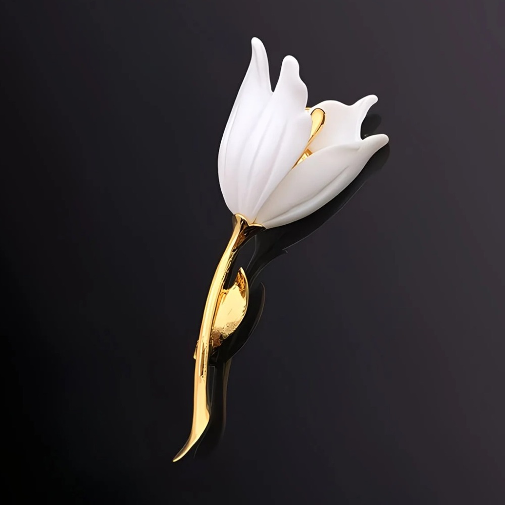 White Tulip Flower Brooch Gold Tone Elegant Minimalist Floral Lapel Pin